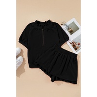 Black Half Zip Puff Sleeve Top and Ruffled Shorts Set - XL thumbnail