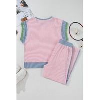 Pink Corded Colorblock Patchwork Short Sleeve Top and Loose Pants Set - M thumbnail
