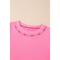 Pink Contrast Bow Trim Pearl Puff Sleeve Blouse and Skort 2pcs Set - S thumbnail