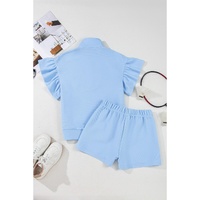Beau Blue Ribbed Texture Half Zip Ruffled Short Sleeve Top and Shorts Set - M thumbnail