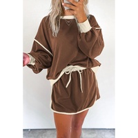 Coffee Color Contrast Loose Pullover and Lace-up Waist Skort Set - L thumbnail