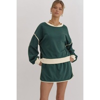 Evergreen Color Contrast Loose Pullover and Lace-up Waist Skort Set - L thumbnail