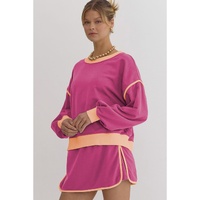 Rose Red Color Contrast Loose Pullover and Lace-up Waist Skort Set - S thumbnail