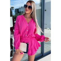 Azura Exchange Rose Textured Tiered Ruffled Buttoned Long Sleeve Romper - S thumbnail