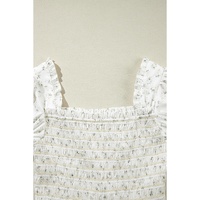White Boho Floral Smocked Wide Leg Short Puff Sleeve Jumpsuit - L thumbnail