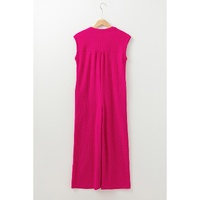 Bright Pink Terry Textured Sleeveless Button Front Wide Leg Jumpsuit - M thumbnail