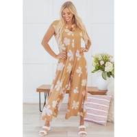 Khaki Floral Print Sleeveless Button up Wide Leg Loose Jumpsuit - L thumbnail