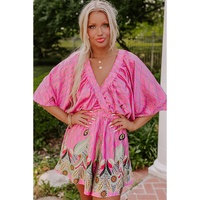 Pink Paisley Geometric Print V Neck High Waist Romper - L thumbnail