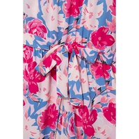 Pink Floral Print Asymmetrical Neckline Single Shoulder Drape Sleeve Belted Jumpsuit - L thumbnail