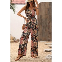 Black Floral Print Belted Sleeveless Wide Leg Jumpsuit - S thumbnail