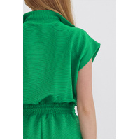 Bright Green Textured Short Sleeve Half Zip Drawstring Waist Romper - M thumbnail
