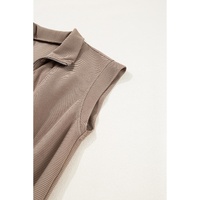 Dark Khaki Textured Short Sleeve Half Zip Drawstring Waist Romper - L thumbnail