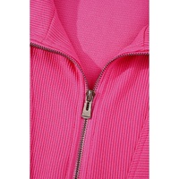 Rose Red Textured Short Sleeve Half Zip Drawstring Waist Romper - L thumbnail