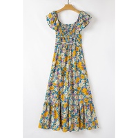 Yellow Floral Allover Print Shirred Cut Out High Waist Jumpsuit - L thumbnail
