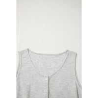 Light Grey Waffle Knit Sleeveless Buttoned Front Drawstring Waist Romper - L thumbnail