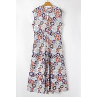 Sky Blue Floral Sleeveless Buttoned Pocketed Wide Leg Jumpsuit - M thumbnail