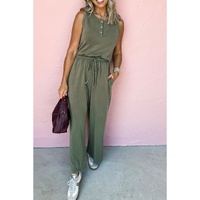 Vineyard Green Buttoned Drawstring Waist Sleeveless Wide Leg Jumpsuit - L thumbnail