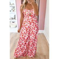 Pink Floral Print Twisted Bandeau Keyhole Pleated Wide Leg Jumpsuit - L thumbnail