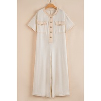 Beige Half Placket Chest Pockets Short Sleeve Wide Leg Jumpsuit - L thumbnail