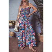 Pink Floral Smocked Bust Spaghetti Straps Wide Leg Jumpsuit - L thumbnail