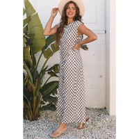 Khaki Checkered Print Buttoned Crew Neck Wide Leg Jumpsuit - L thumbnail