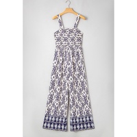 Blue Boho Geometric Print Shirred High Waist Wide Leg Jumpsuit - M thumbnail
