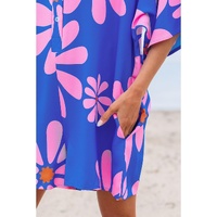 Blue Summer Flower Print Shirt Collar Button Front Loose Romper - M thumbnail
