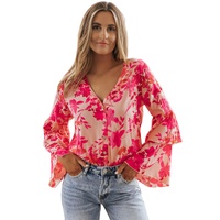 Pink Floral Print Tiered Bell Long Sleeve Buttoned Bodysuit - L thumbnail