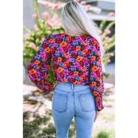 Floral Print Wrap V Neck Long Sleeve Bodysuit - M thumbnail
