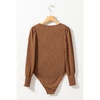 Brown Ribbed Balloon Sleeve Bodysuit - XL thumbnail