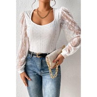 White Frenchy Contrast Lace Bishop Sleeve Bodysuit - M thumbnail