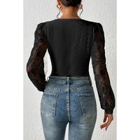 Black Frenchy Contrast Lace Bishop Sleeve Bodysuit - L thumbnail