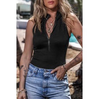 Black Zip up Mock Neck Ribbed Sleeveless Bodysuit - L thumbnail