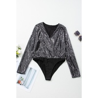 Black Sequin Mesh Long Sleeve Surplice Neck Bodysuit - L thumbnail