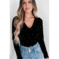 Black Velvet Beaded Long Sleeve V Neck Bodysuit - S thumbnail