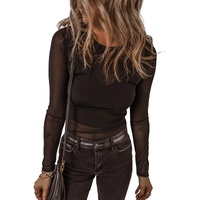 Black Mesh Long Sleeve Slim Fit Bodysuit - L thumbnail