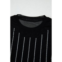 Black Rhinestone Decor Striped Mesh Long Sleeve Bodysuit - XL thumbnail