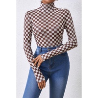 Brown Checkered Printed Long Sleeve High Neck Bodysuit - L thumbnail
