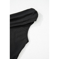 Black Solid Color Pleated One Shoulder Bodysuit - L thumbnail