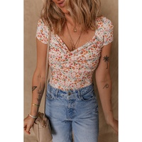 Orange Short Sleeve Floral Ruched Sweetheart Bodysuit - L thumbnail
