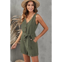 Green Button V Neck Romper with Belt - S thumbnail