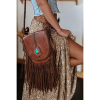 Brown Western Floral Print Ruffled Hem High Waist Loose Maxi Skirt - L thumbnail