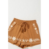 Khaki Embroidered Boho Tasseled Drawstring Elastic Waist Casual shorts - L thumbnail