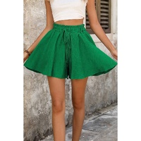 Dark Green Textured Frilled Lace-up High Waist Ruffle Wide Leg Shorts - L thumbnail