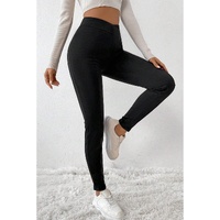 Black Crossed Waist Seamed Leg Thermal Leggings - M thumbnail