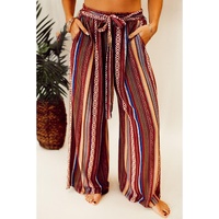 Red Boho Ethnic Striped Print Tie Waist Wide Leg Pants - M thumbnail
