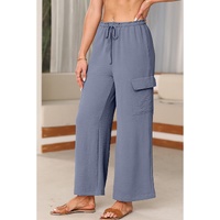 Dark Grey Drawstring Frilled Waist Wide Leg Utility Trousers - L thumbnail