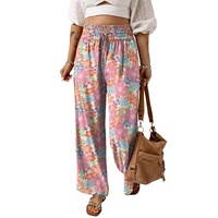 Pink Floral Smocked Waist Loose Pants - L thumbnail