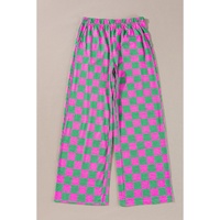 Green 2-Tone Checked Print High Waist Wide Leg Pants - L thumbnail