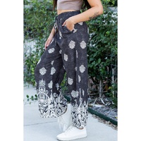 Black Bohemian Printed Drawstring Waist Wide Leg Pants - M thumbnail